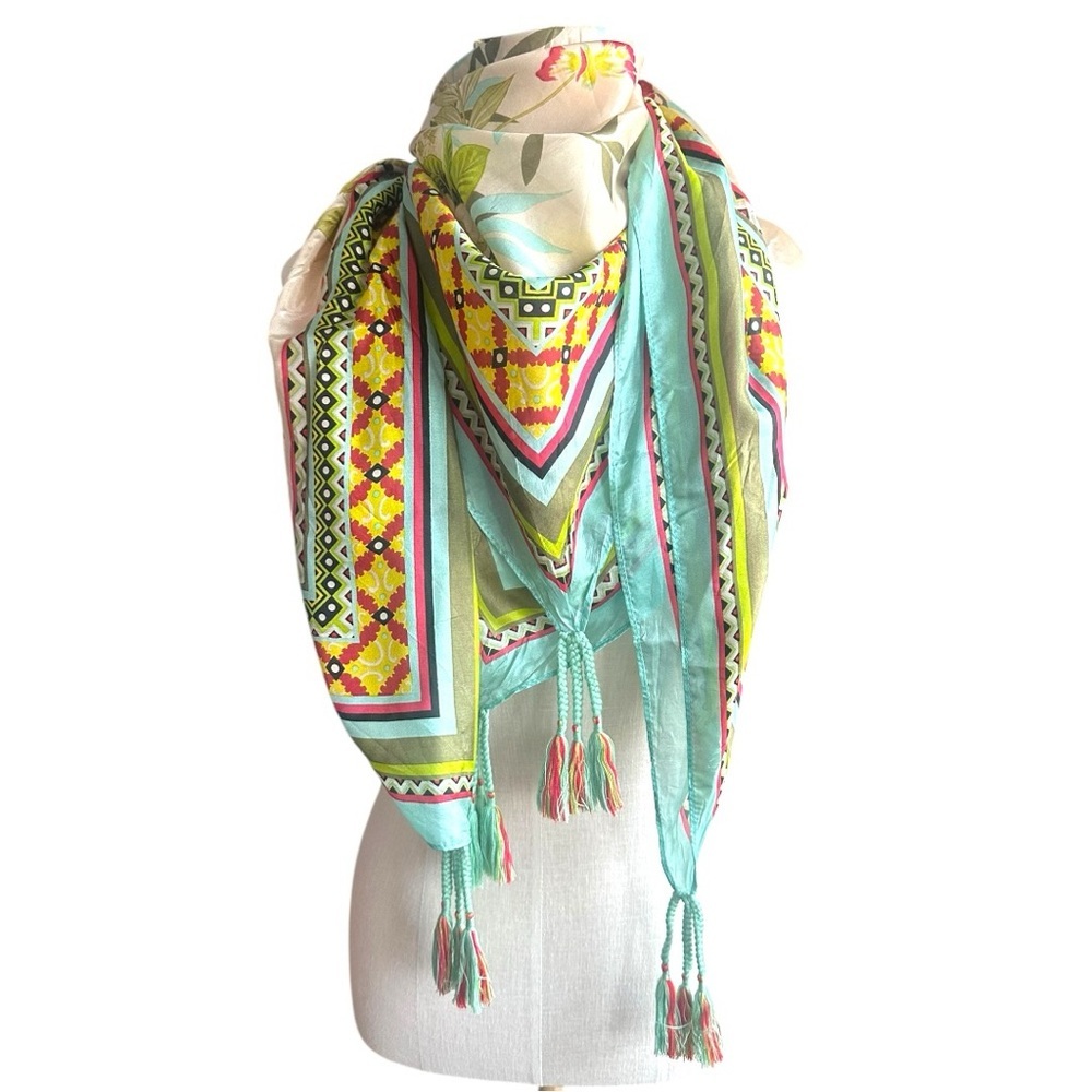 Johnny Was Aqua Multicolor Patterned Silk Scarf with Tassels - Picture 11 of 11